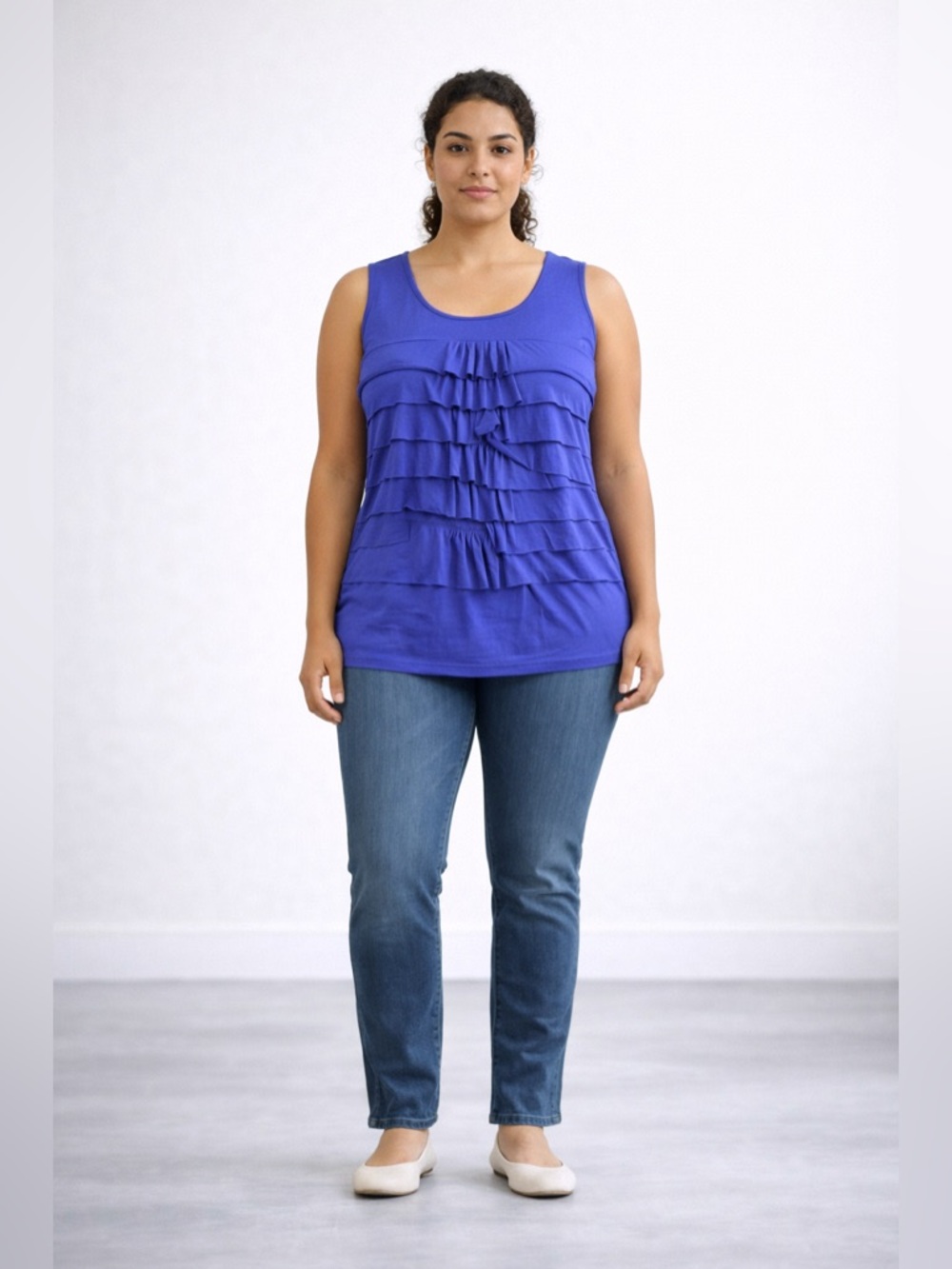 Rafaella Royal Blue Ruffle Front Sleeveless Top Women’s Large Stretch Blouse